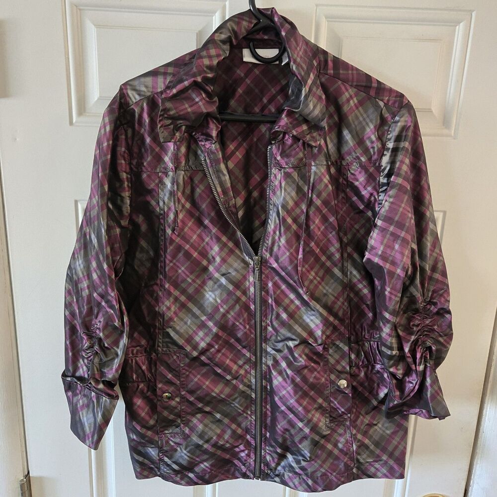 Chico’s Metallic Plaid Jacket Womens XL Purple Lightweight Career Ruched Sleeve